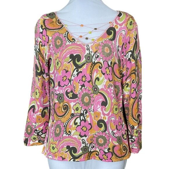Sigrid Olsen Pink Green Floral Knit V-Neck Crochet Lace Beaded Neckline Top Sm - Picture 1 of 8